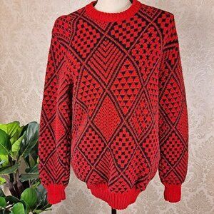 Kenneth Stevens Size Medium Red/Black Diamond Pattern Wool Sweater Round Neck